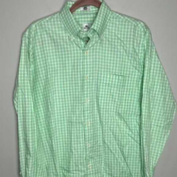 Peter Millar Button Up Shirt Mens Medium Green White Check Crown Finish Casual - Picture 1 of 9